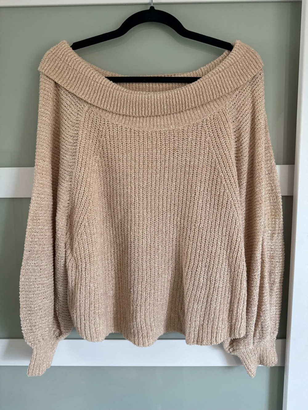 Free People Beige Off-Shoulder Ribbed Knit Sweater